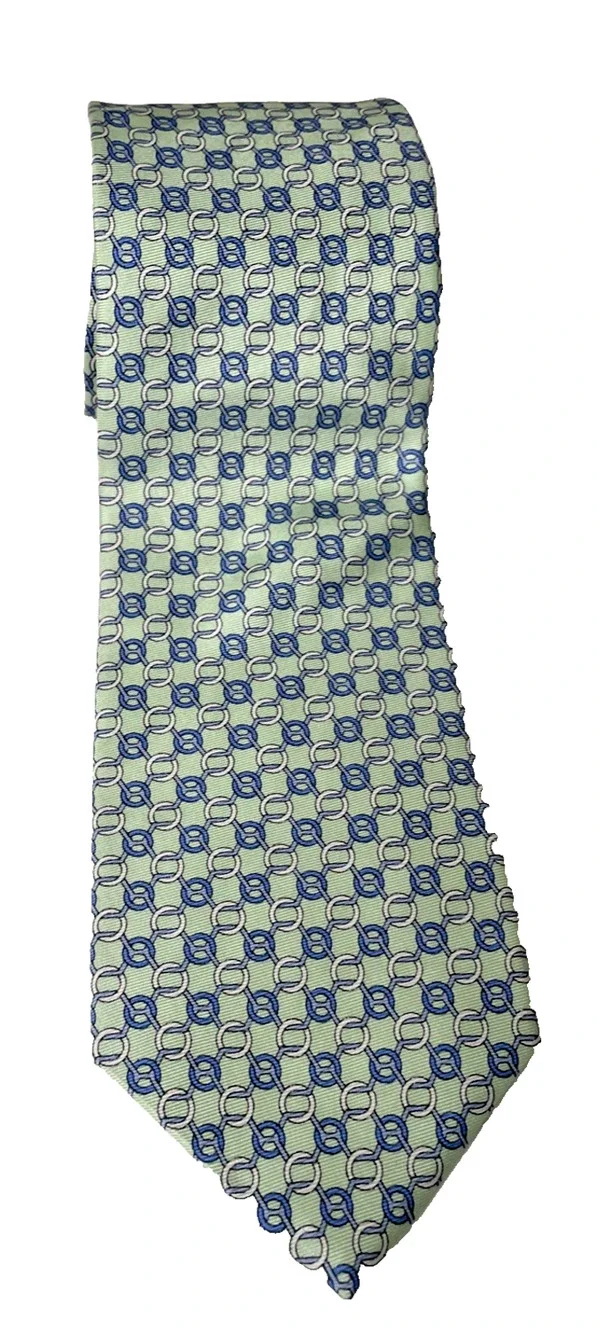 Brooks Brothers 346 Men’s 100% Silk Necktie Green Blue Chain Link Geometric